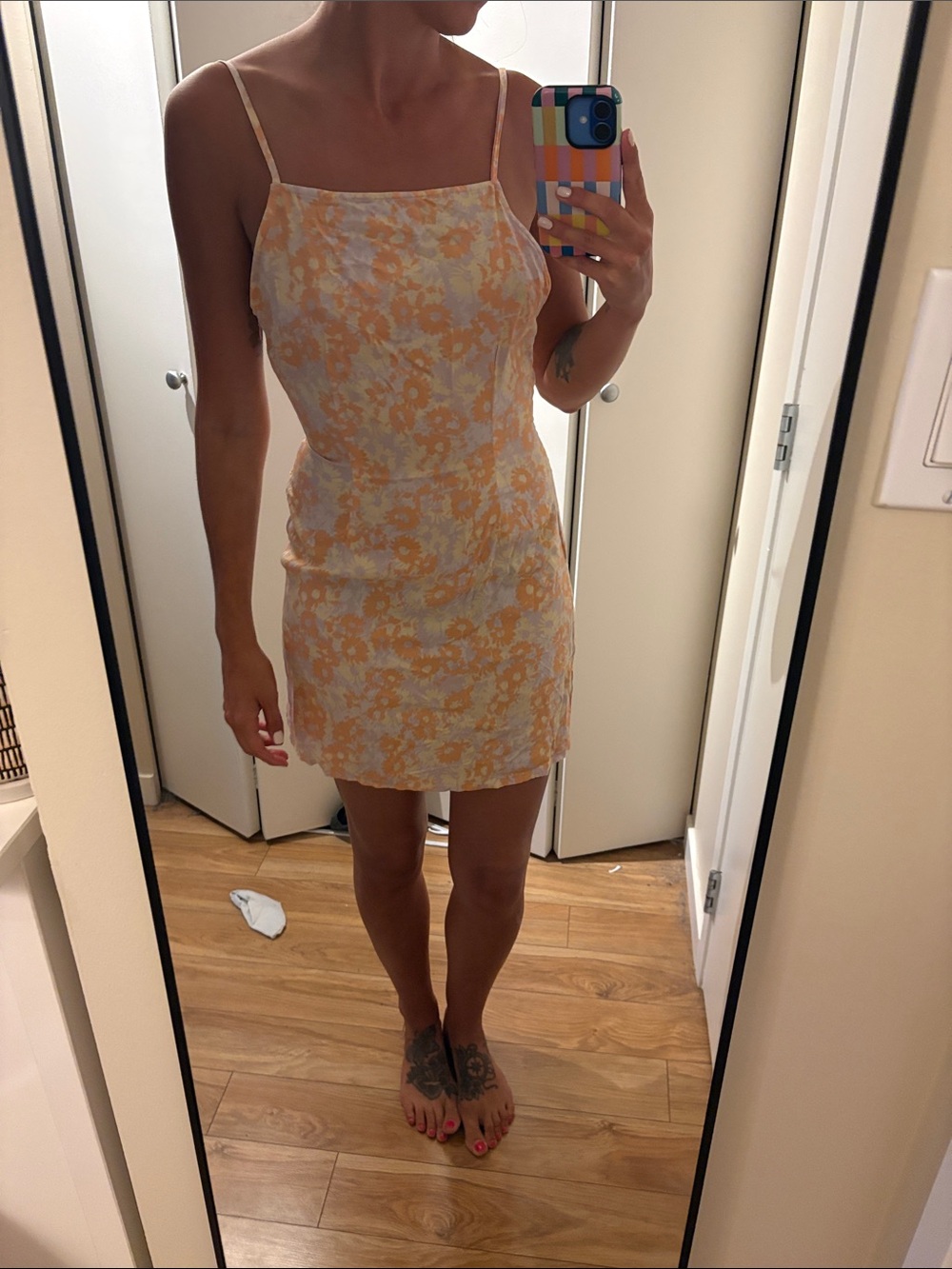 RVCA Orange and White Floral Backless Slip Dress